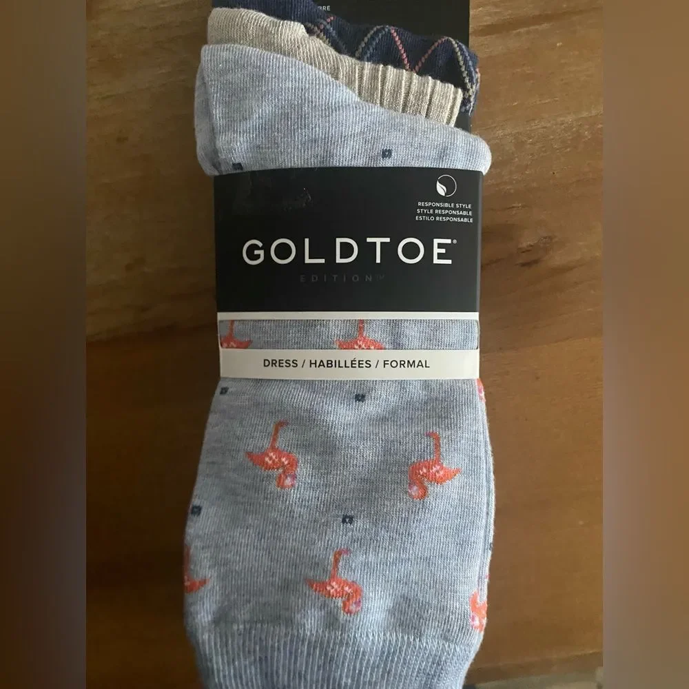 GOLDTOE NEW Men's Dress Crew Socks 3-pack Size 6-12.5 Office Flamingo Argyle